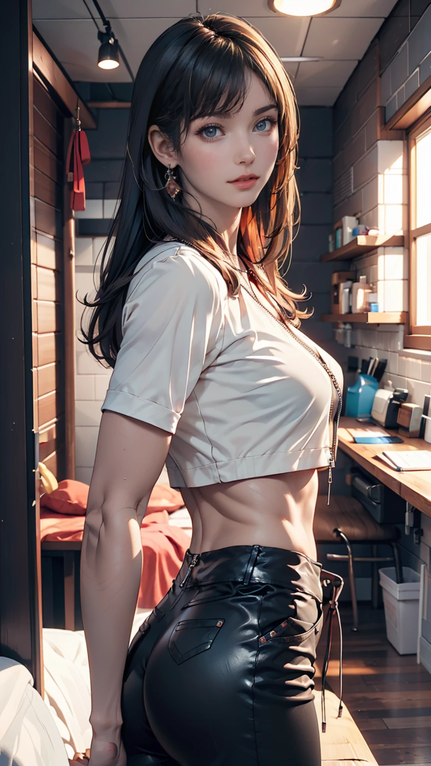 A girl, sexypose, Nudie, The character Makima from the anime series Chainsaw Man, fragile, makima, Beautiful figure, Skinny black pants, red hair, Orange Eyes, white shirt, sexypose, Realistic, Very detailed, handsome body, Detailed body, Detailed hands, Detailed, Vibrants, Detailed Face, Makima's character design. Very detailed, Detailed body, Detailed hands, Detailed Face, anime art, extremely detailed CG unity 8k wallpaper, detailed light, Cinematic lighting, chromatic aberration, glittering, expressionless, epic composition, dark in the background, Cherecter Desing, Very detailed, Detailed body, Vibrants, Detailed Face, sharp-focus, anime art, Vibrants, Detailed Face, Hugh Details, sharp-focus, Very drooping face, A detailed eye, super fine illustration, better shadow, finely detail, Beautiful detailed glow, Beautiful detailed, Extremely detailed, expressionless, epic composition, Presented at artstation, Octane Render, artstation hd, Cinematic, 4 thousand., hypermaximalist, elegant