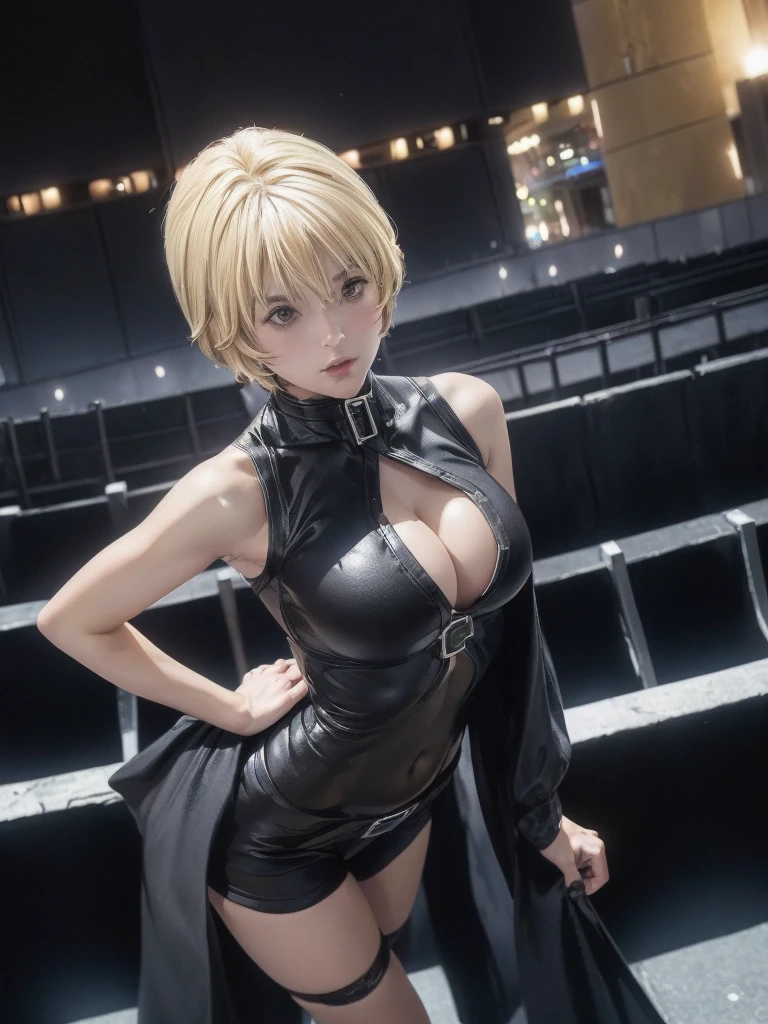 kurosaki mea、最high quality、high quality,, ((Masseter muscle area)), ((High resolution)), ((最high quality)), detailed, ((Glowing Skin)), (High leg bodysuit:1.2)、and, ((huge 、Blonde、Short Bob))、(Black Bondage, Waist Cloak, Black shorts), Voluptuous bust, exposed navel, Bowl-shaped big breasts, (View from the front、Looking at the audience:1.5)、((background:Night in the city:1.4))