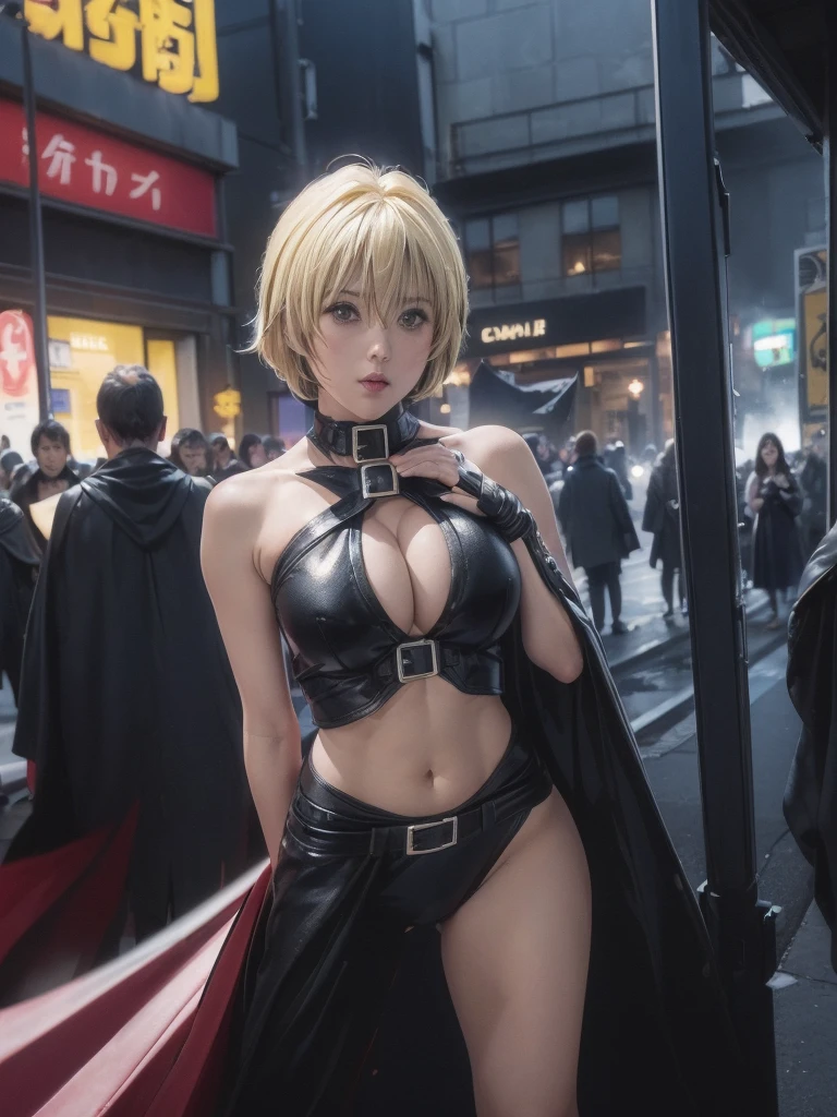 kurosaki mea、最high quality、high quality,, ((Masseter muscle area)), ((High resolution)), ((最high quality)), detailed, ((Glowing Skin)), (High leg bodysuit:1.2)、and, ((huge 、Blonde、Short Bob))、(Black Bondage, Waist Cloak, Black shorts), Voluptuous bust, exposed navel, Bowl-shaped big breasts, (View from the front、Looking at the audience:1.5)、((background:Night in the city:1.4))