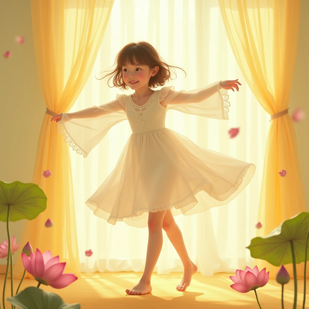 realistically, against a backdrop of light yellow transparent voile curtain in folds, like air, Sweet girl, happily dancing in a pose, in a white veil transparent , white with lace, dress, flutters in the wind, I can't think, she's officially beautiful, stylish art, joyful chaos, attractive lotus flower details, pastel lotus tones on the background, James Christensen, Valeria Docampo, Sara Kay, Nicky Beme, Maurice Sendak, Gila Elvgren style, high quality, bright colors, pensive, romantic, hyper-detailed, hyperrealistic, Unreal engine, masterpiece, Atmospheric, a high resolution, brightness, Contrast, 32K, высокий HDR, 500 pixels