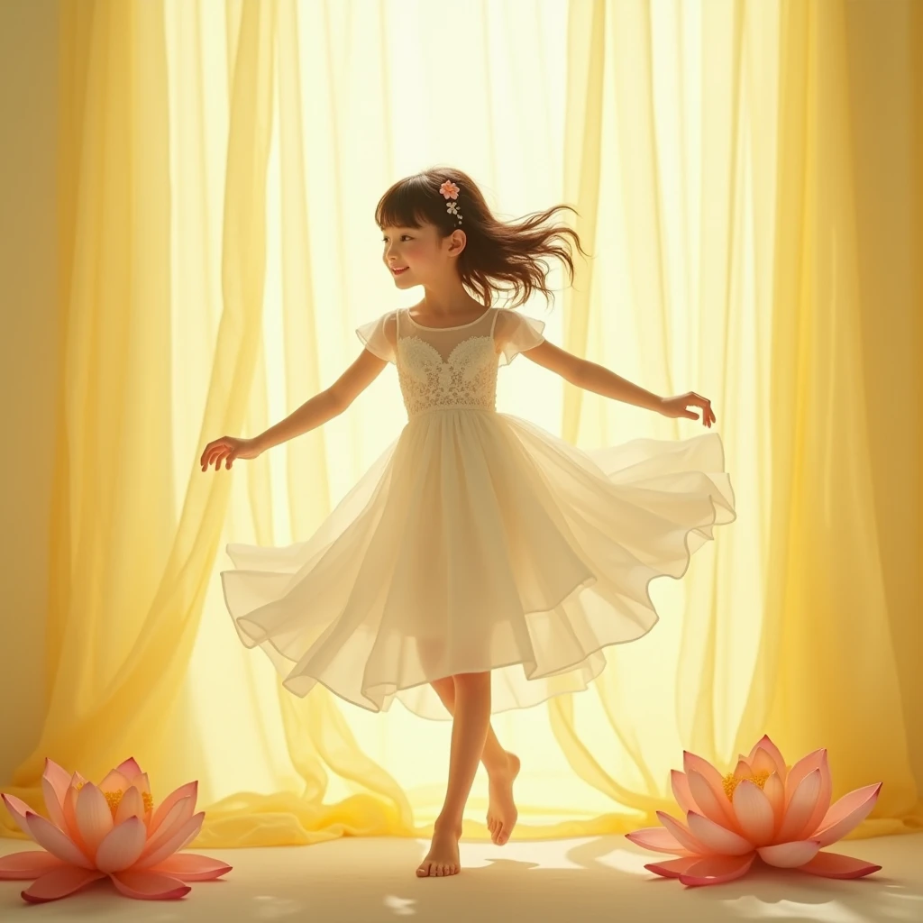 realistically, against a backdrop of light yellow transparent voile curtain in folds, like air, Sweet girl, happily dancing in a pose, in a white veil transparent , white with lace, dress, flutters in the wind, I can't think, she's officially beautiful, stylish art, joyful chaos, attractive lotus flower details, pastel lotus tones on the background, James Christensen, Valeria Docampo, Sara Kay, Nicky Beme, Maurice Sendak, Gila Elvgren style, high quality, bright colors, pensive, romantic, hyper-detailed, hyperrealistic, Unreal engine, masterpiece, Atmospheric, a high resolution, brightness, Contrast, 32K, высокий HDR, 500 pixels