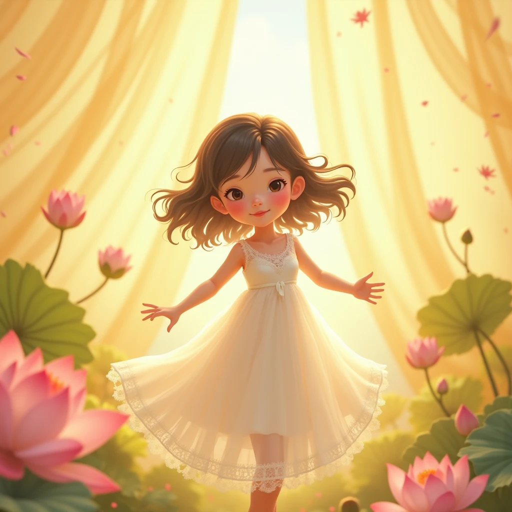 realistically, against a backdrop of light yellow transparent voile curtain in folds, like air, Sweet girl, happily dancing in a pose, in a white veil transparent , white with lace, dress, flutters in the wind, I can't think, she's officially beautiful, stylish art, joyful chaos, attractive lotus flower details, pastel lotus tones on the background, James Christensen, Valeria Docampo, Sara Kay, Nicky Beme, Maurice Sendak, Gila Elvgren style, high quality, bright colors, pensive, romantic, hyper-detailed, hyperrealistic, Unreal engine, masterpiece, Atmospheric, a high resolution, brightness, Contrast, 32K, высокий HDR, 500 pixels