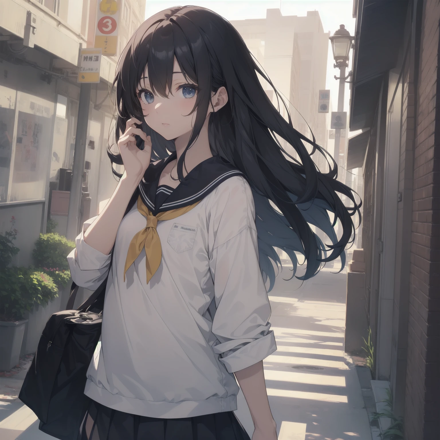 ultra-absurdres-Top quality by artist God, ultra-detailed, high resolution, anime moe artstyle, best anime 8k konachan wallpaper, pixiv contest winner, pool:2810, perfect anatomy,break, 1girl, (Please draw a girl walking sleepily to school alone. )break,(Solo,little female, 13-year-old:1.3),Full limbs, complete fingers,a junior high school student, (very short hair), short cut, flat chest, , small butt, small black eyes, beautiful detailed eyes, well-proportioned iris and pupils, expressive eyes, highres detailed hair, soft expression, salor school_uniform, sailor collar, serahuku, bow, pleated skirt,(Detailed Lighting), (Detailed background), in the School commute route. break,super detailed skin, Best cinematic lighting powered by famous artist, 8k,beauty illustration,photoshop_(medium),very aesthetic,break,((artist:izumi_tsubasu )), artist:clamp ,artist:carnelian ,artist:kantoku ,