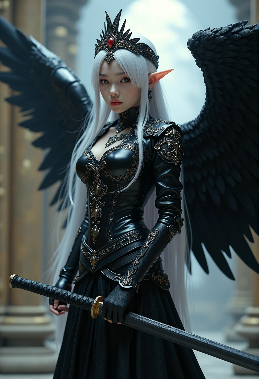 1fullbodyimage of a extremely cute Japanese young woman with albino skin, in a black and silver outfit with wings wielding a katana, beautiful dark angel girl, warrior angel, villainess has black angel wings, angel knight gothic girl, angel in glossy metallic black and silver armor, crown in armour, stuning fantasy 3 d render, angel knight girl, cinematic volumetric lighting, ultra realistic, shot with Sony Fx6