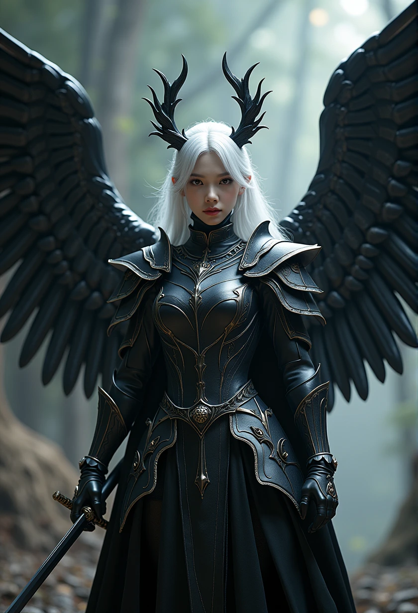 1fullbodyimage of a extremely cute Japanese young woman with albino skin, in a black and silver outfit with wings wielding a katana, beautiful dark angel girl, warrior angel, villainess has black angel wings, angel knight gothic girl, angel in glossy metallic black and silver armor, crown in armour, stuning fantasy 3 d render, angel knight girl, cinematic volumetric lighting, ultra realistic, shot with Sony Fx6