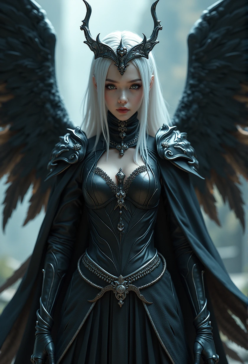 1fullbodyimage of a extremely cute Japanese young woman with albino skin, in a black and silver outfit with wings wielding a katana, beautiful dark angel girl, warrior angel, villainess has black angel wings, angel knight gothic girl, angel in glossy metallic black and silver armor, crown in armour, stuning fantasy 3 d render, angel knight girl, cinematic volumetric lighting, ultra realistic, shot with Sony Fx6