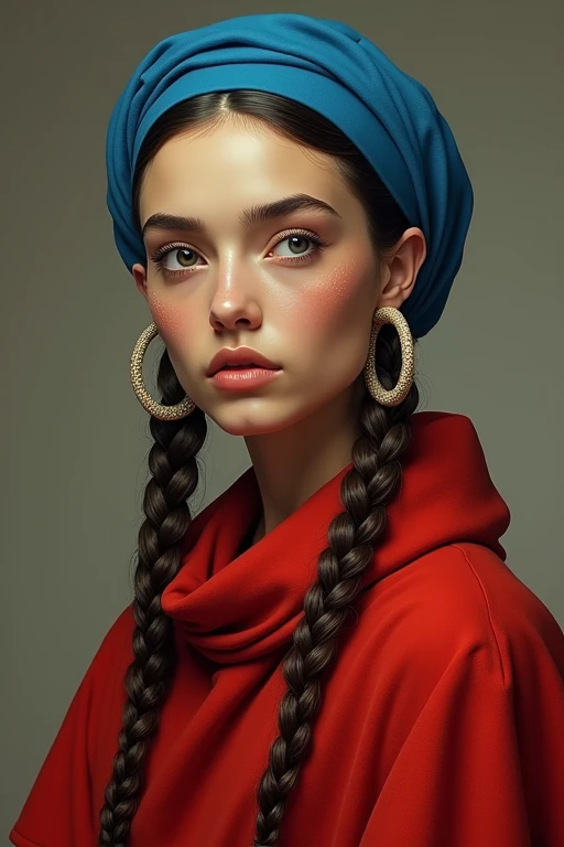 there is a woman with a blue headband and a red blanket, long pigtail, halfbody headshot, inspired by Louisa Matthíasdóttir, very accurate photo, lucio as a woman, pigtails, huge earrings and, hair in pigtails.
