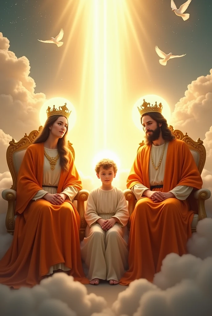 (photorealism:1.2), beautiful virgin Mary, handsome Jesus Christ and handsome teen Jesus,ting in the throne each of them in the kingdom of god that full of clouds, the light of their crowns and hearts spreading all over, wearing the orange color of a king, queen and prince, the crown of lights, real beautiful faces, real nice hair, real face, real image, heaven outdoors that full of clouds, brighter lighting, five fingers, clouds and many doves in the background, elegant clothes, stars and sunlight, beautiful heaven of paradise, relaxed pose, realistic, intricate details, bright and warm colors,