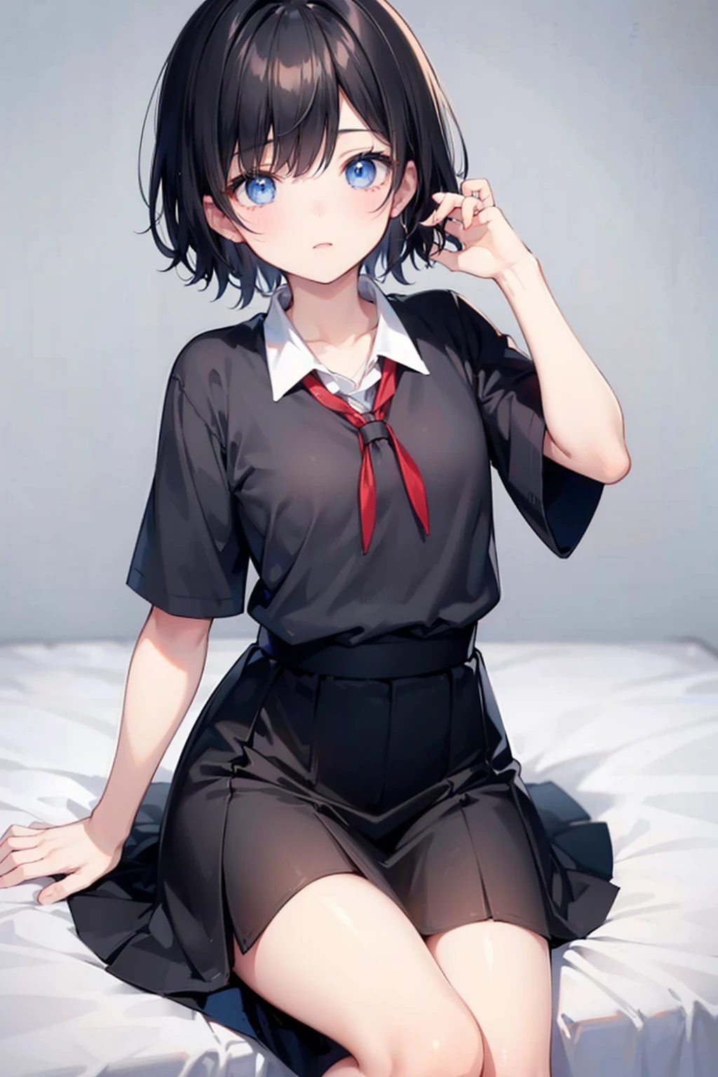 a cute and feminine face,man, Short, Black Hair, a little messy and short, And a femboy with sky blue eyes, Wearing a white Japanese school uniform for girls,blush 