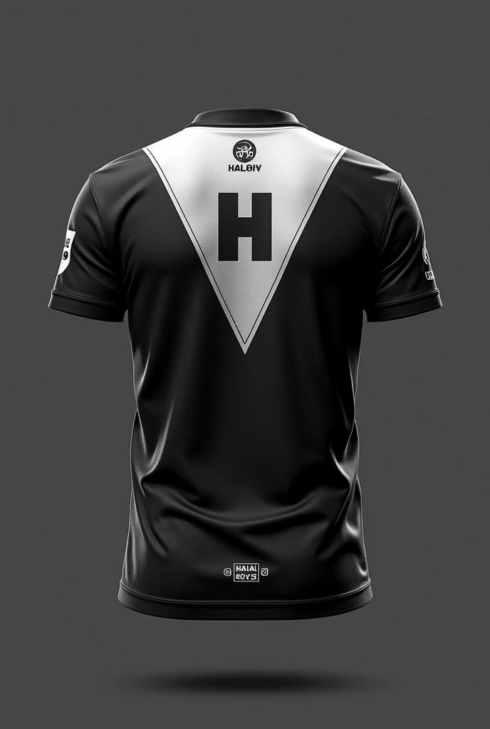 back view of a mobile legends eSport jersey including the name of the player with a theme of HBE means Halal Boys with a color of black and white  just a jersey and make it more cooler please put a halal sign on it put a little bit design remove the number and replace a HALAL sign 
