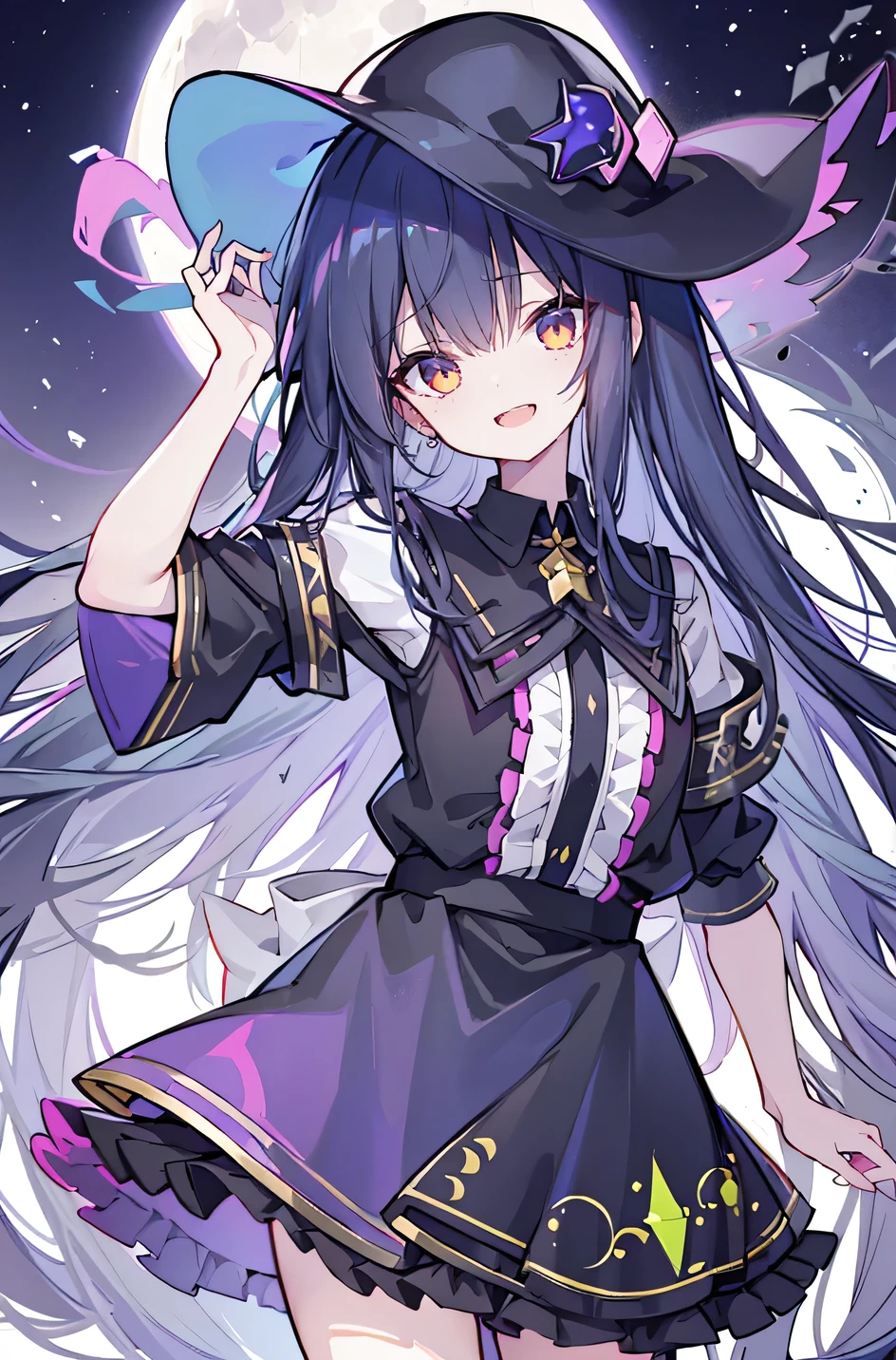 oung Girls,Humanity,A magician always smiles,big witch hat,cute,dark blue long hair,The eyes are dull,The bangs are heavy,Thin eyebrows,fantasy,intake,Double teeth,Star Theme,Constellation pattern,Solid color clothetal decoration,cloak,A bit of a dark atmosphere,A little crazy smile,When the big moon shines outside at night,blood,Hair black star embellishment,Short tie,No nails,High waist skirt,Bell sleeves,Long-sleeved shirt,Black tie,low risk,gentlemen。Mist、Yellow and white effect,Shocking pink as an accent color