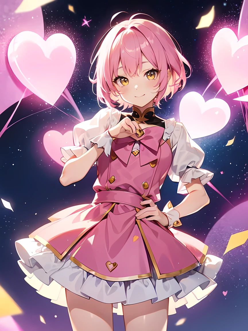 Pink Hair、short hair、Yellow Eyes、Magical Girl Clothes:1.2、Pink Skirt、Cute smile、Mouth closed、Anime Style:1.1、Small heart mark、A background like the night sky