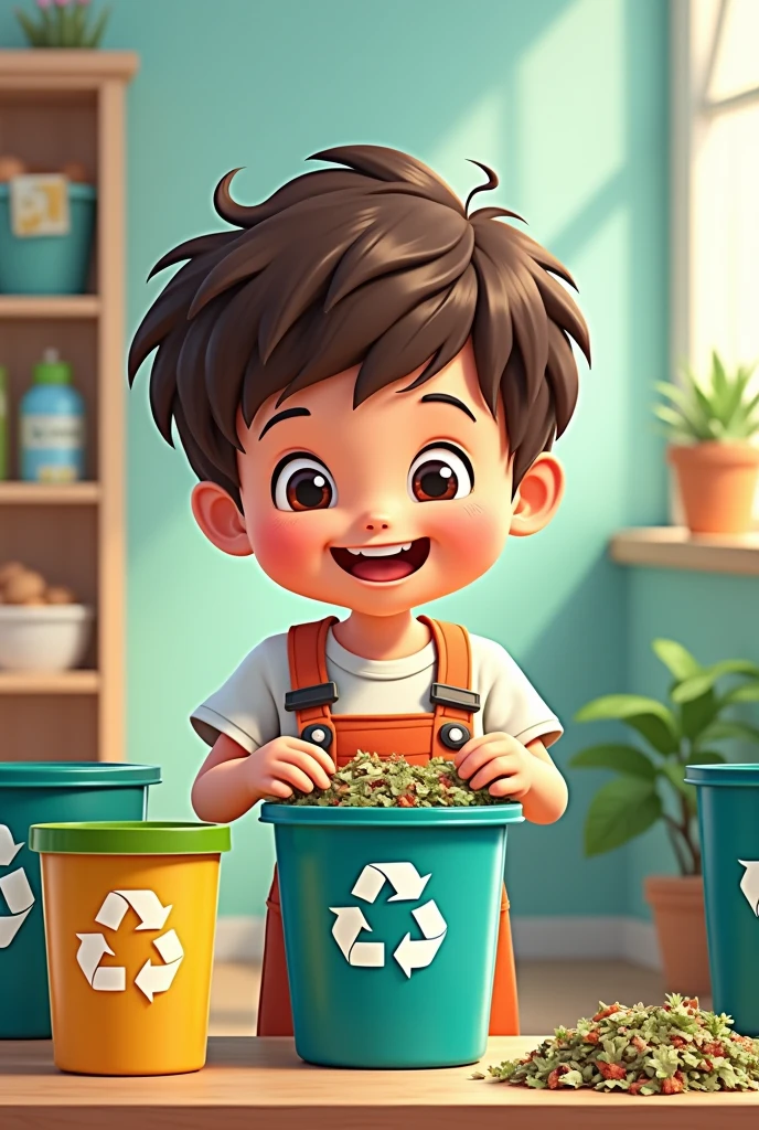 Create an 8k image of a child separating organic and recyclable waste in a comic style.