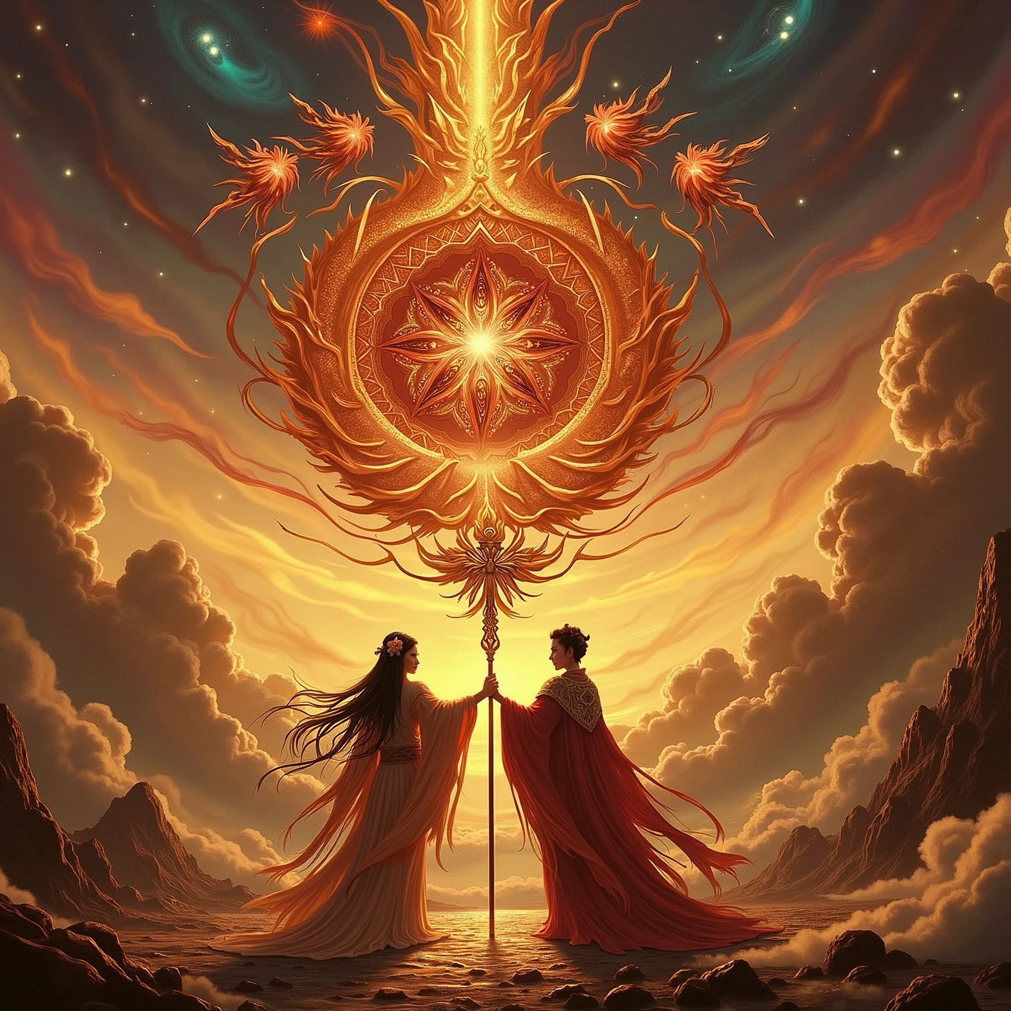 Prompt:

Izanagi and Izanami are majestically depicted in the sacred realm of Takamagahara, bathed in a celestial aura of divine radiance. Ethereal gods drift around them, their forms shimmering in the soft glow of creation. The sky swirls with vibrant blues and purples, echoing the primordial chaos. Izanagi and Izanami, resolute and dignified, hold the heavenly jeweled spear, Ame-no-Nuboko, which sparkles with a mystic iridescence, symbolizing their divine resolve to shape the world.