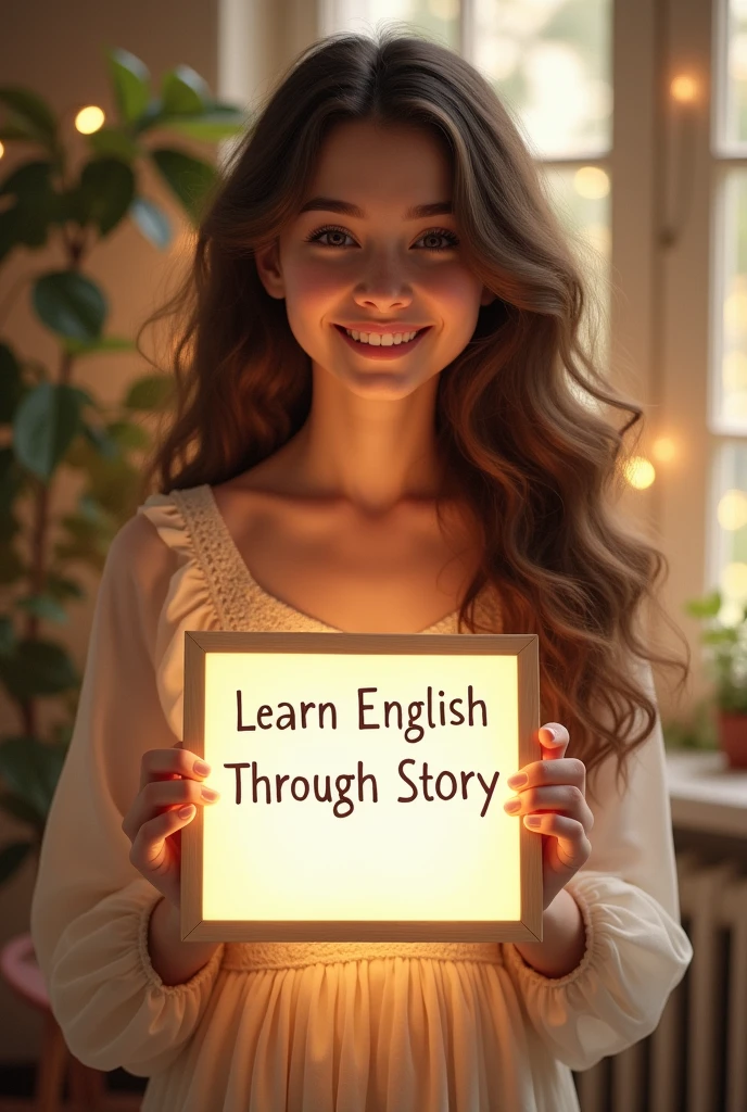 Beautiful girl with heart-warming smile and wavy long hair, bohemian dress, holding a white board with text "learn English Through Story" and showing it to the viewer, the board is glowing with a the text.
