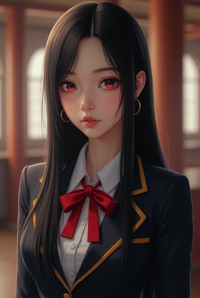 A beautiful high school girl with black hair and red eyes. Her hair is silky straight. She's a princess in uniform.