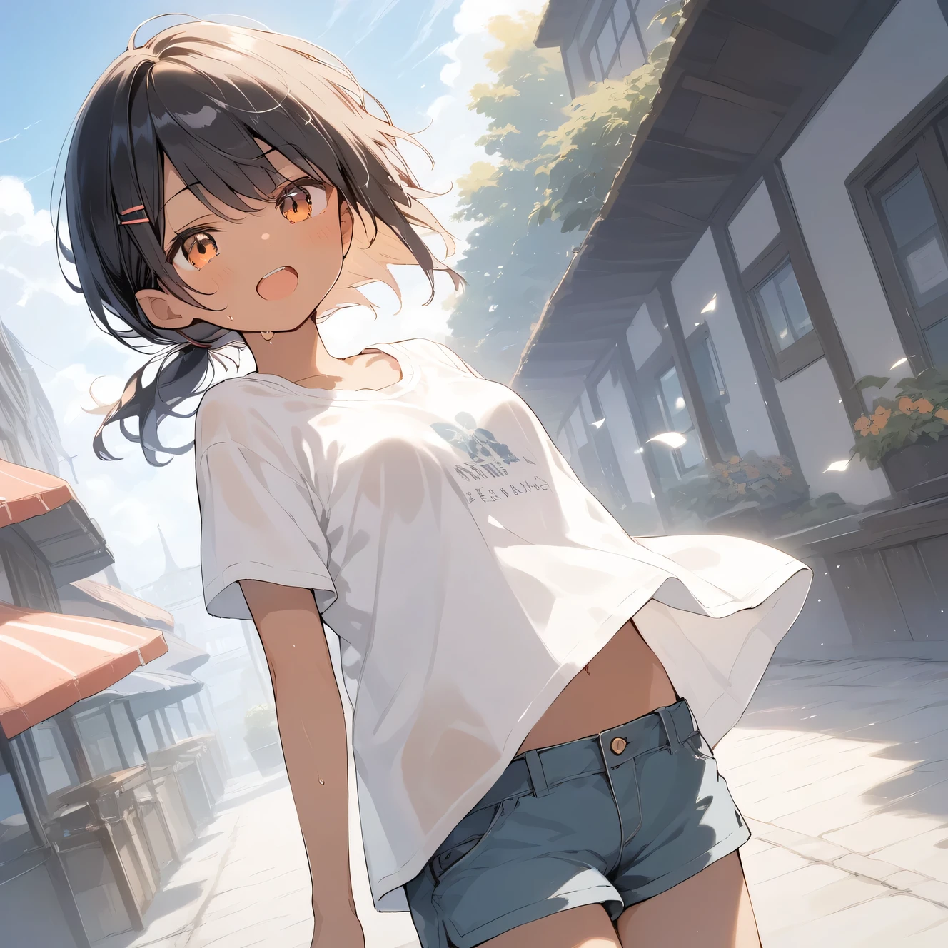 score_9, score_8_up, score_7_up, source_anime, best quality, masterpiece, official art, absurdres, highres, ultra-detailed,waifu2x,Collection: Slice of Life,break,1girl, tomboy, dark-skinned female, short hair, low ponytail, small breasts, groin, beautiful detailed eyes, shorts, sweat, open mouth, (yawn:0.3), sleepily, outdoors, wind,break,(clear line illustration:1.2), super detailed skin,very high resolution, very aesthetic, Best sexual lighting powered by famous artist, 8k, 16k, cute picture,beauty illustration,photoshop_(medium),,(Detailed Lighting),best anime 8k konachan wallpaper, pixiv contest winner,