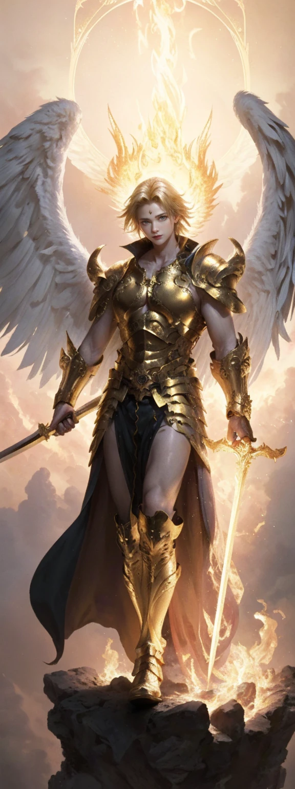 angel,Super powerful flame angel flies out of the clouds, behind him is golden meteor magic surrounding his body, Gothic style, gorgeous golden armor, huge flame great sword, rich background, sword art background, film shooting, depth of field, Super visual, Super visual ,
bare shouldersexposed abdomenFlamboyant armourAngel wings. Huge angel wings