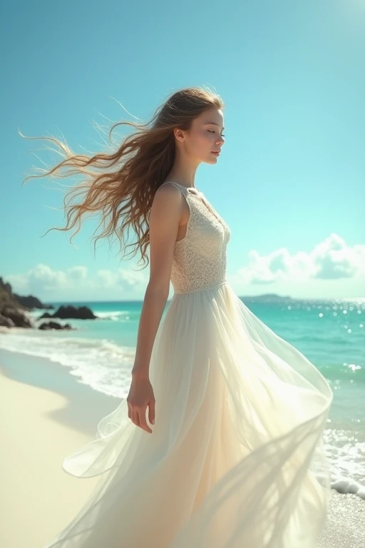 Girl on the beach with beautiful long dress 