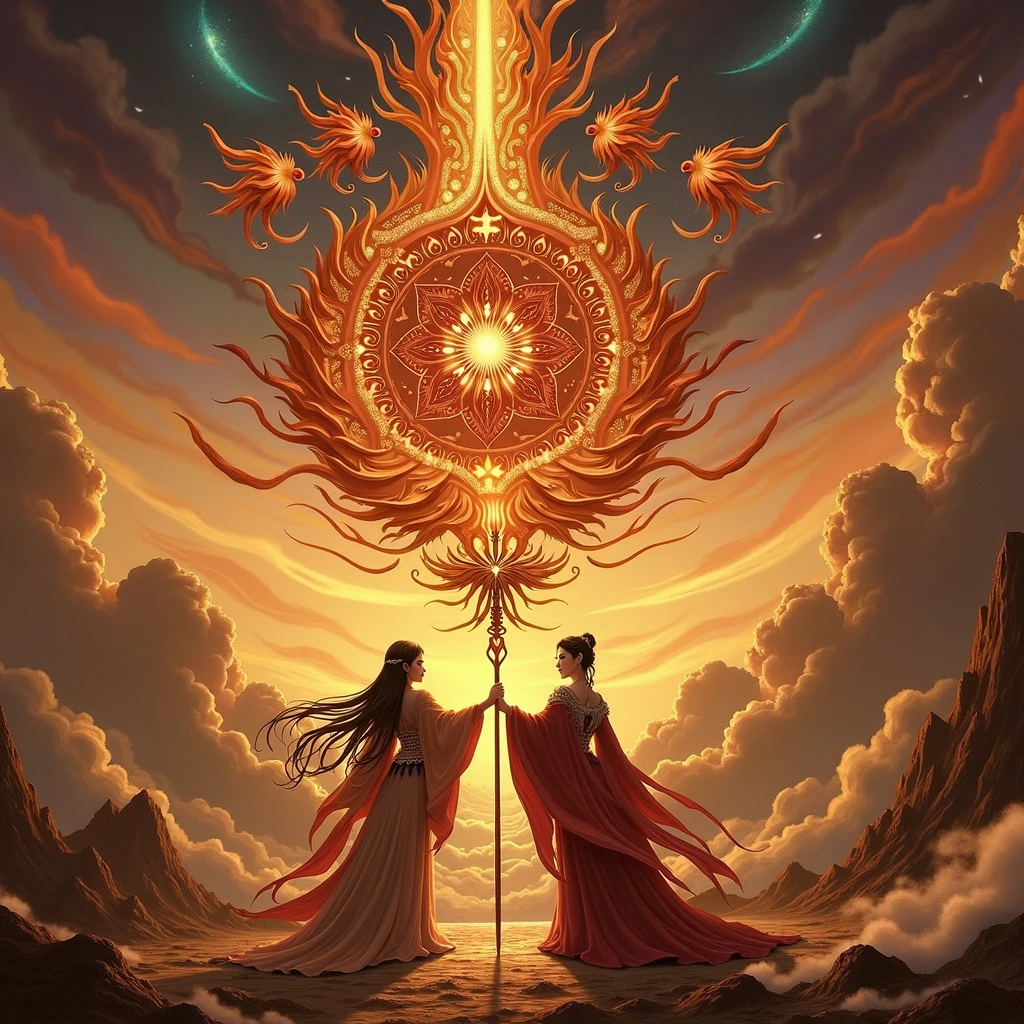 Prompt:
Izanagi and Izanami are majestically depicted in the sacred realm of Takamagahara, bathed in a celestial aura of divine radiance. Ethereal gods drift around them, their forms shimmering in the soft glow of creation. The sky swirls with vibrant blues and purples, echoing the primordial chaos. Izanagi and Izanami, resolute and dignified, hold the heavenly jeweled spear, Ame-no-Nuboko, which sparkles with a mystic iridescence, symbolizing their divine resolve to shape the world.