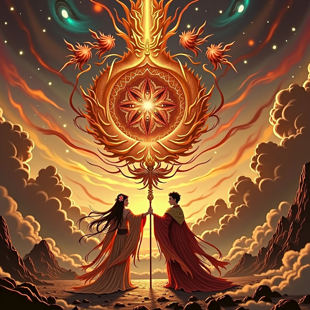 Prompt:
Izanagi and Izanami are majestically depicted in the sacred realm of Takamagahara, bathed in a celestial aura of divine radiance. Ethereal gods drift around them, their forms shimmering in the soft glow of creation. The sky swirls with vibrant blues and purples, echoing the primordial chaos. Izanagi and Izanami, resolute and dignified, hold the heavenly jeweled spear, Ame-no-Nuboko, which sparkles with a mystic iridescence, symbolizing their divine resolve to shape the world.