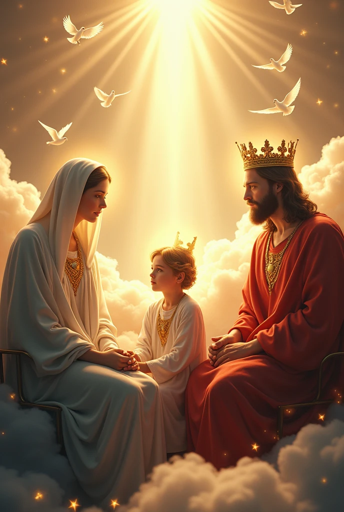 (photorealism:1.2), beautiful virgin Mary, handsome Jesus Christ and handsome 7  Jesus, sitting in the throne each of them in the kingdom of god that full of clouds, the light of their crowns and hearts spreading all over, wearing the orange color of a king, queen and prince, the crown of lights, real beautiful faces, real nice hair, real face, real image, heaven outdoors that full of clouds, brighter lighting, five fingers, clouds and many doves in the background, elegant clothes, stars and sunlight, beautiful heaven of paradise, relaxed pose, realistic, intricate details, bright and warm colors, 