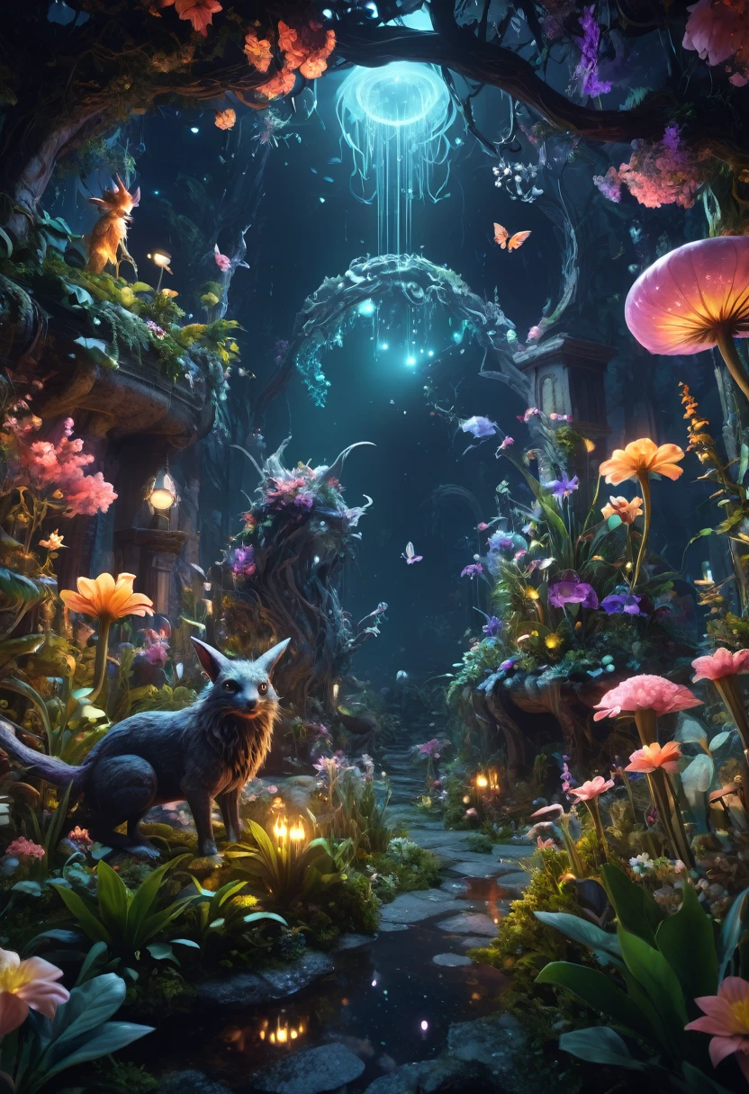 Midnight whimsical landscape with magical creatures, flowers and plants,  Fantasy, Cinema Lighting, Philip Hood, Wide-angle, Volumetric Light Scattering, 8k, Art Station, Concept Art