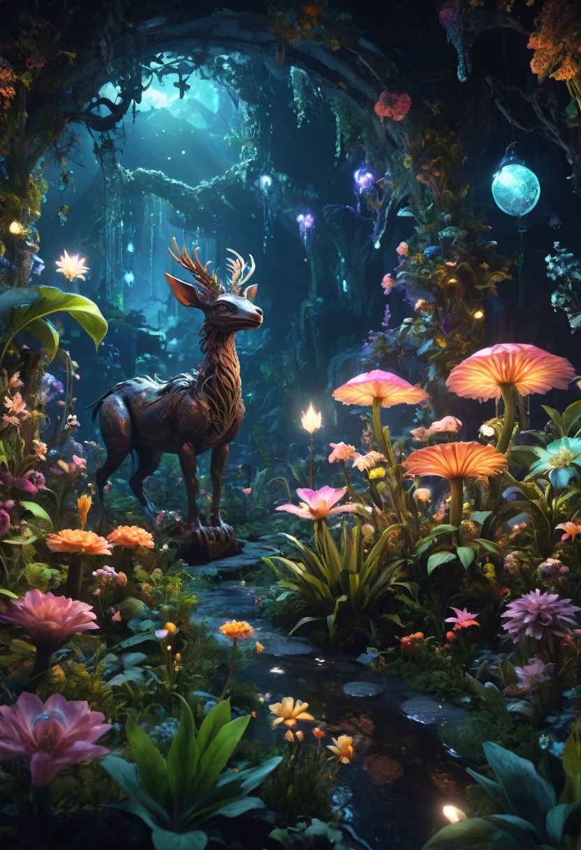 Midnight whimsical landscape with magical creatures, flowers and plants, Fantasy, Cinema Lighting, Philip Hood, Wide-angle, Volumetric Light tering, 8k, Art Station, Concept Art