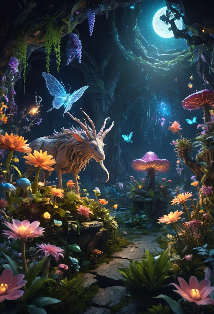 Midnight whimsical landscape with magical creatures, flowers and plants,  Fantasy, Cinema Lighting, Philip Hood, Wide-angle, Volumetric Light Scattering, 8k, Art Station, Concept Art