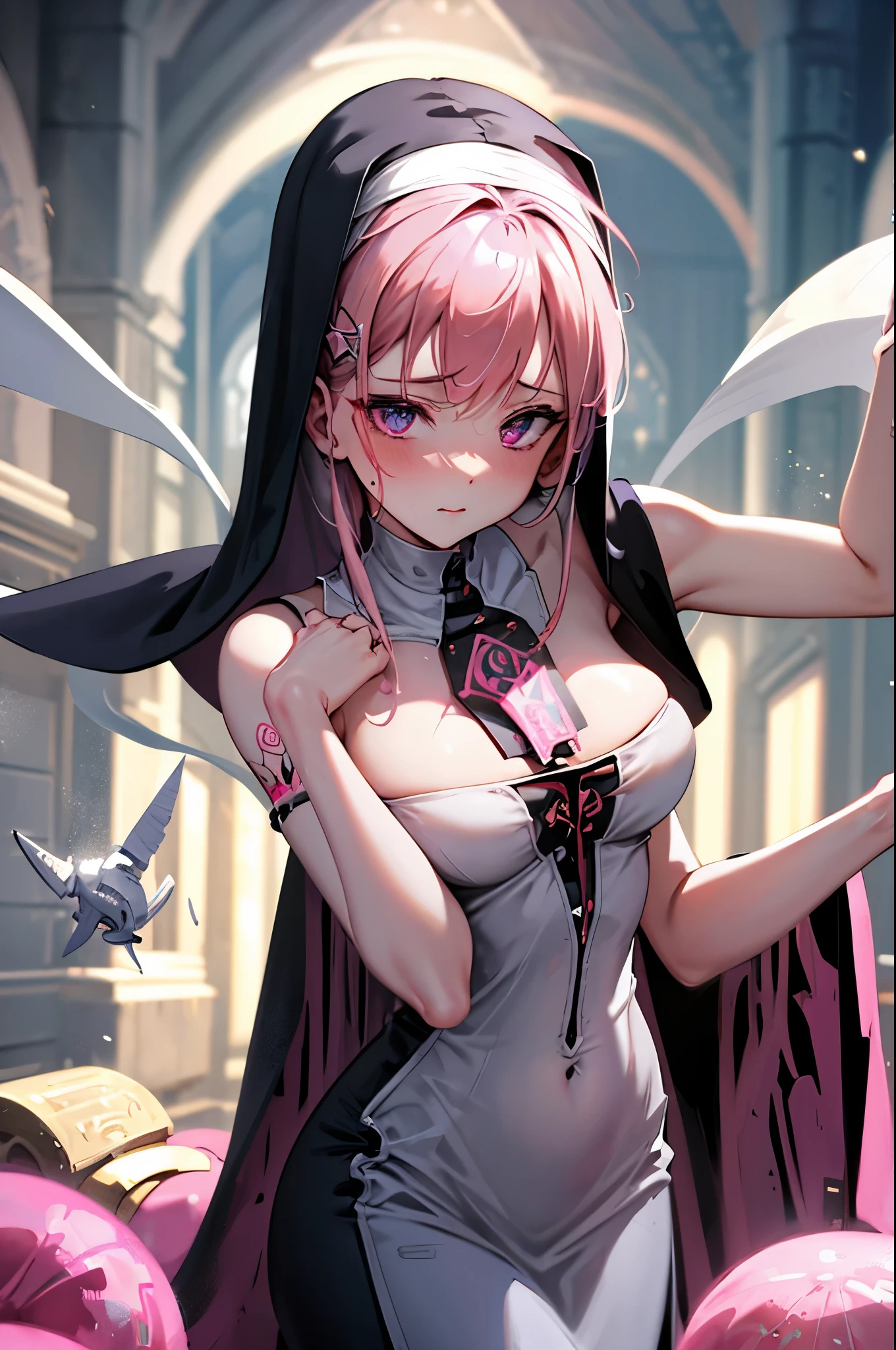 seductive sexy nun, masterpieces, 16K, HD, corruption tattoo, Tighten nun dresses, sexy, scale up, perfect lightening, praying, blush, body covered by semen 80%, holy, corrupted in sex, pink hair, best eyes resolution, bare shoulder, veils, womb x-ray, semen in womb, badonker, mind break, sweet