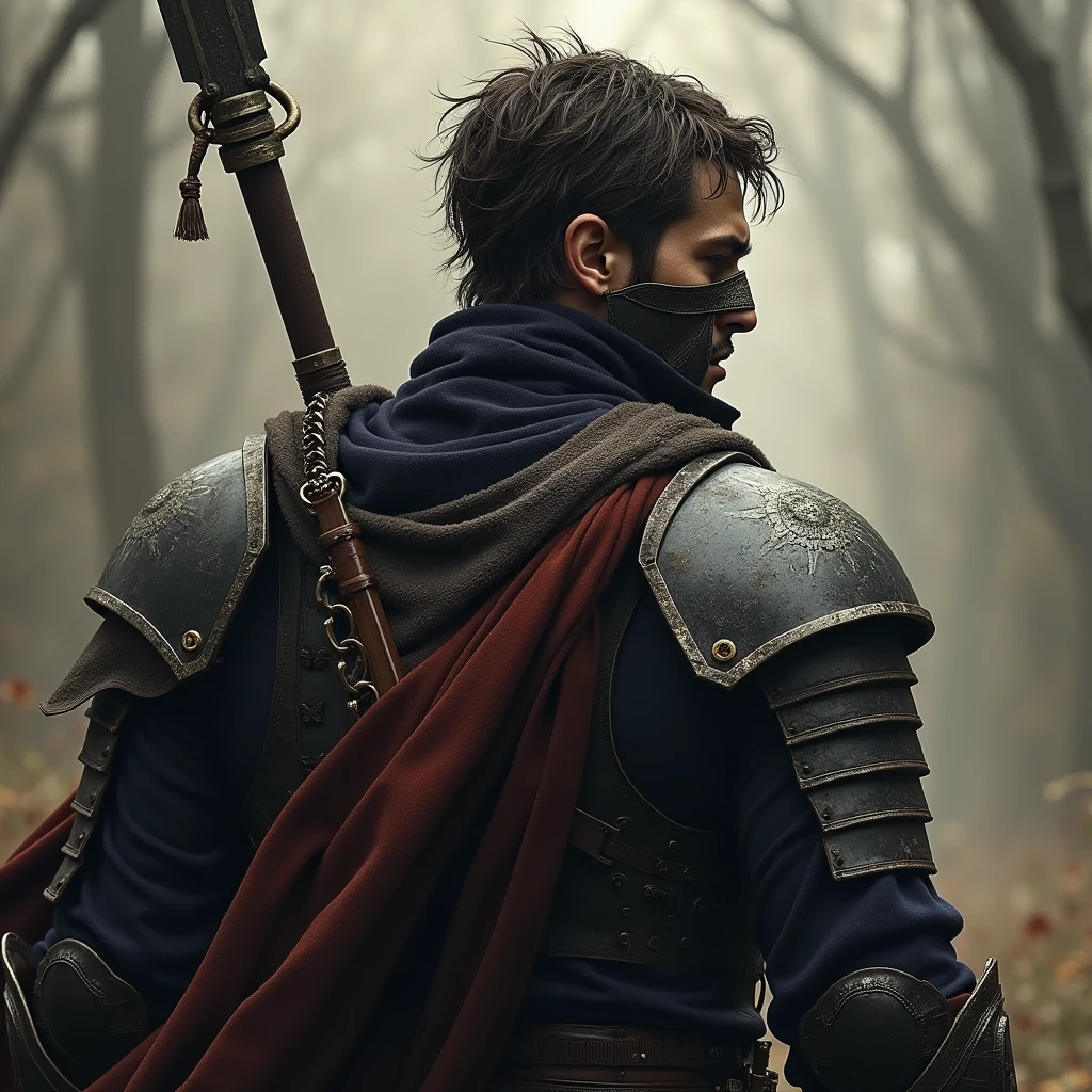 Handsome and domineering, a male warrior with a mask wearing armor in the back