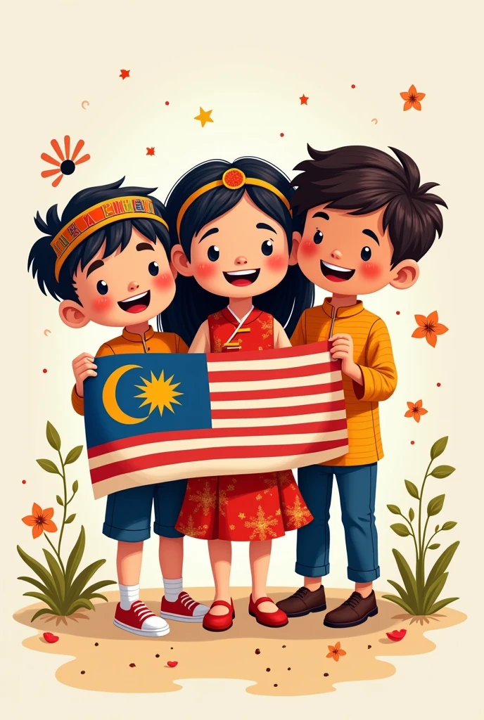 Malay boy wearing malay tanjak, cheongsam girl and indian boy wearing kurta, happily holding malaysian flag, cartoon doodle
