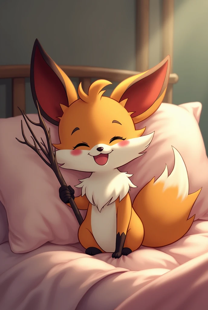 A braixen from pokemon sit in a bed with hapiness