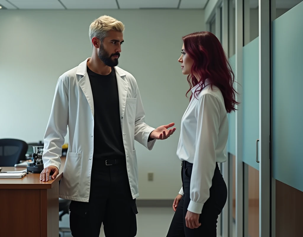 Attractive man, short platinum blond wavy swept-back hair, dark skin, long black stubble, Arabic-Egyptian features, white lab coat over a black t-shirt, black cargo pants and black boots, standing behind office desk gesturing to take a seat to a young woman half his height who has vibrant maroon side-parted medium-length wavy hair, very pale skin, white silk work blouse, low-rise black pants and black boots. Photorealistic, cinematic.