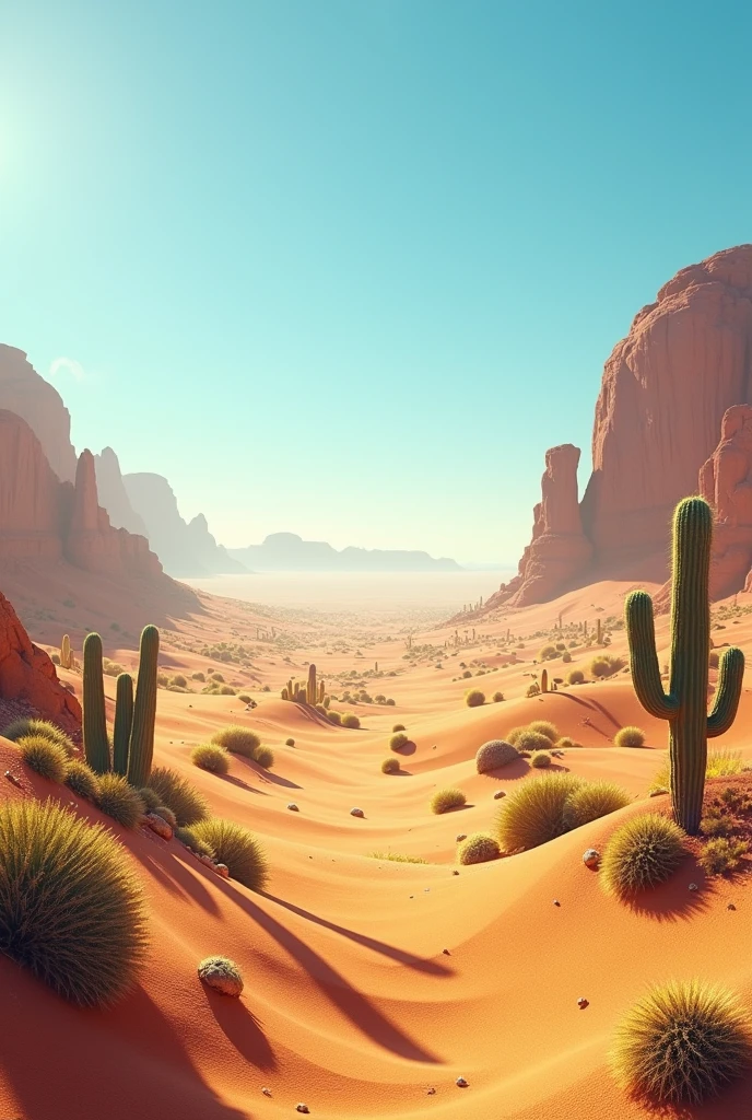 /imagine prompt: A vast arid desert under a clear, sunny sky. The landscape is dominated by golden, textured sand dunes. Scattered across the desert, there are various cacti of different sizes and shapes, some with visible spines and others in bloom. The horizon is distant and smooth, with some rock formations in the distance, and the sun shines brightly, creating long and deep shadows. --v 5 --ar 16:9 --q 2