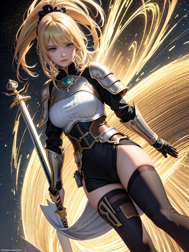 (Ultra extreme detailed),(Masterpiece),(Ultra extreme),(Realistic),CG,(color:1.2), Strong lighting,Light from behind,evaluation:Safety,A blonde person alone, 黒color,Blonde ponytail,Green Eyes,White shrite,short_白いcolorの鎧、Princess、Tights Knee Socks、Shoulder pads、breastplate、holding a sword hilt