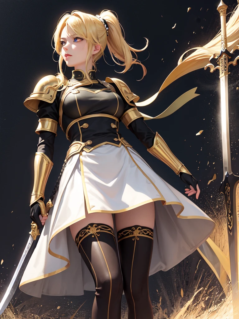 (Ultra extreme detailed),(Masterpiece),(Ultra extreme),(Realistic),CG,(color:1.2), Strong lighting,Light from behind,evaluation:Safety,A blonde person alone, 黒color,Blonde ponytail,Green Eyes,White shrite,short_白いcolorの鎧、Princess、Tights Knee Socks、Shoulder pads、breastplate、holding a sword hilt