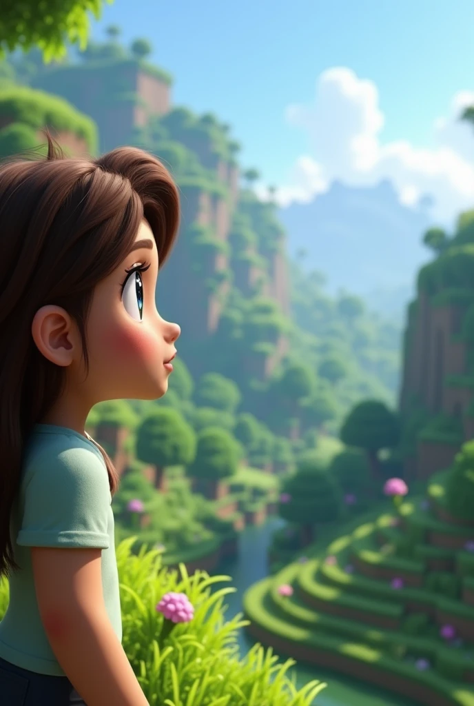 a detailed minecraft character looking out over pristine nature, beautiful detailed eyes, beautiful detailed lips, extremely detailed face and features, long eyelashes, photorealistic, 8k, ultra-detailed, highly realistic, unreal engine, cinematic lighting, vibrant colors, lush forest, rolling hills, clear blue sky, peaceful atmosphere, serene landscape, volumetric lighting, depth of field, hyper-realistic textures, organic shapes, natural environment, environmental storytelling, fantastical elements, dreamlike quality