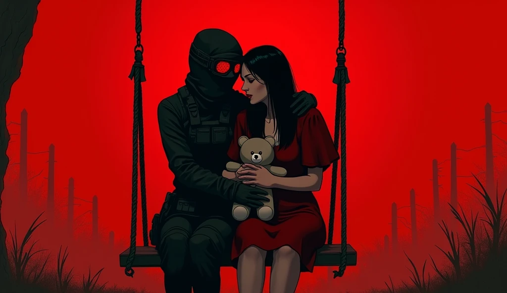 F.E.A.R. operative wearing tactical black balaclava and red googles is sitting on the swings and hugging in red dress with tall black hair. She is holding plushie bear. Her skin is pale. The sky is red. Her height is really short and operative is tall.