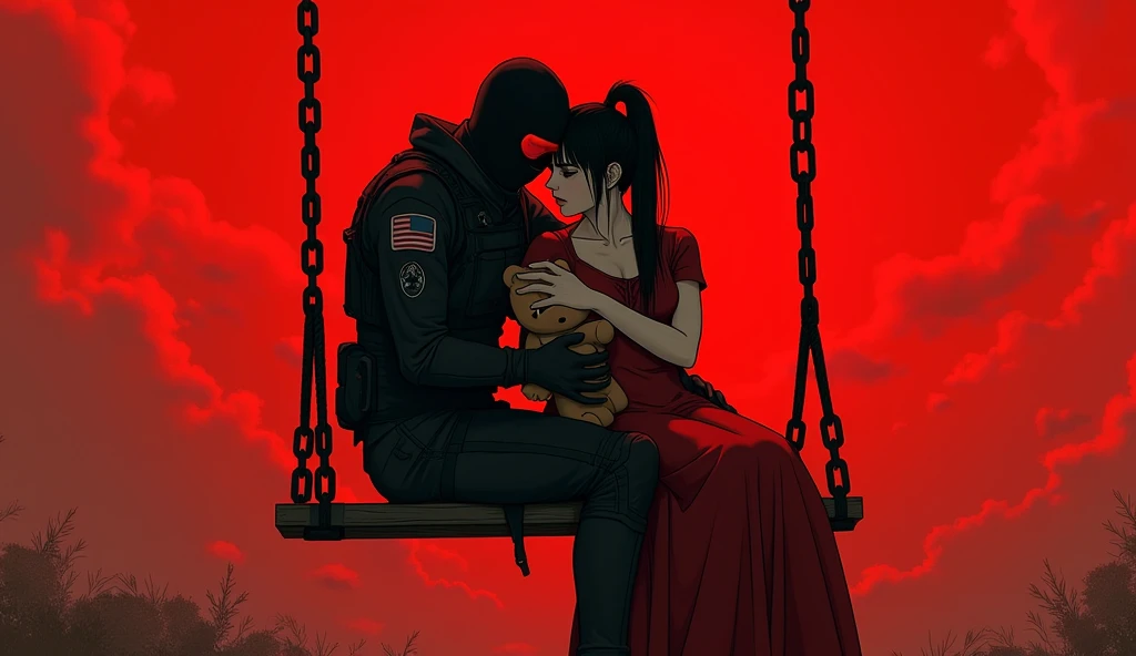 F.E.A.R. operative wearing tactical black balaclava and red googles is sitting on the swings and hugging  in red dress with tall black hair. She is holding plushie bear. Her skin is pale. The sky is red. Her height is really short and operative is tall.