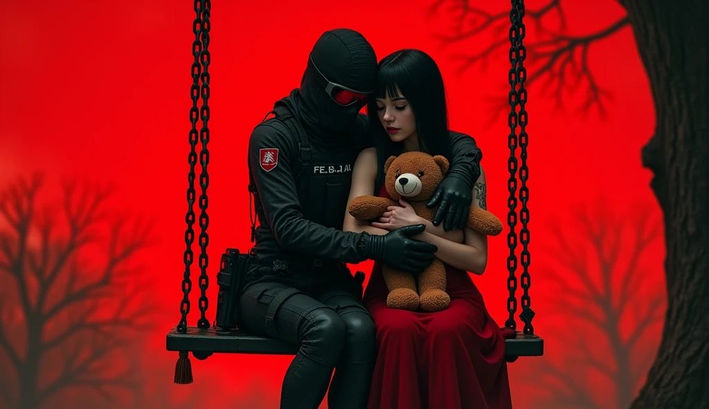F.E.A.R. operative wearing tactical black balaclava and red googles is sitting on the swings and hugging  in red dress with tall black hair. She is holding plushie bear. Her skin is pale. The sky is red. Her height is really short and operative is tall.