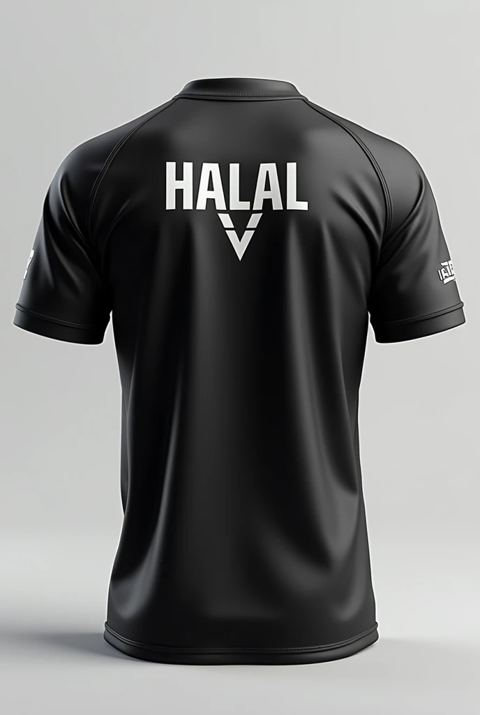 back view of a mobile legends eSport jersey including the name of the player with a theme of HBE means Halal Boys with a color of black and white just a jersey and make it more cooler please put a halal sign on it put a little bit design remove the number and replace a HALAL sign