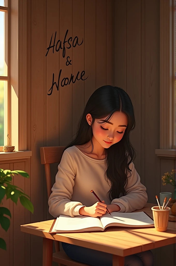 A beautiful girl sitting at home smiling and writing (Hafsa) on a wooden wall is clearly visible.