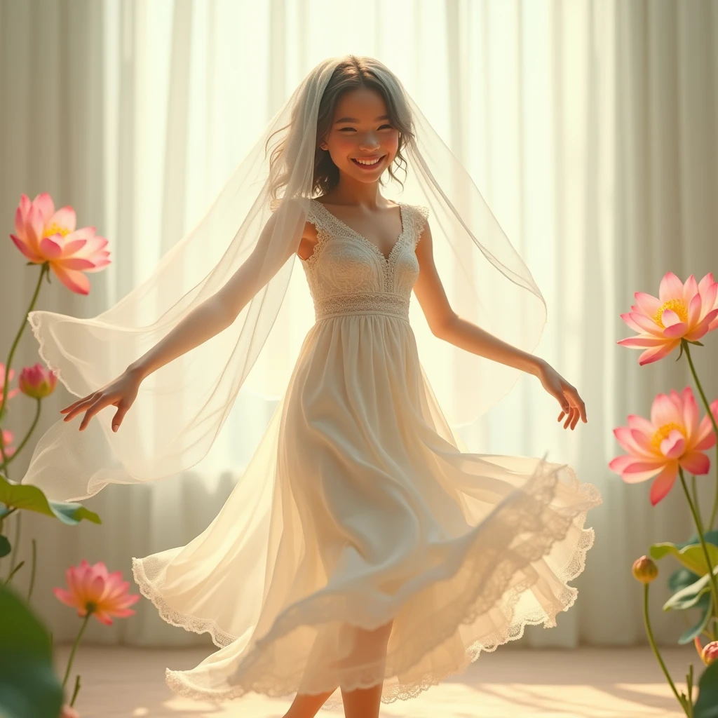 realistically,  against a light white background of a transparent pleated voile curtain, like air, Sweet girl, happily dancing, in a white veil transparent , white with lace, dress, in an African-inspired style,  I can't think, she's officially beautiful, stylish art, joyful chaos, attractive lotus flower details, pastel lotus tones on the background, James Christensen, Valeria Docampo, Sara Kay, Nicky Beme, Maurice Sendak, Gila Elvgren style, high quality, bright colors, pensive, romantic, hyper-detailed, hyperrealistic, Unreal engine, masterpiece, Atmospheric, a high resolution, brightness, Contrast, 32K, высокий HDR, 500 pixelsyellow rose lies on the street, all in drops of water, 8k, hdr