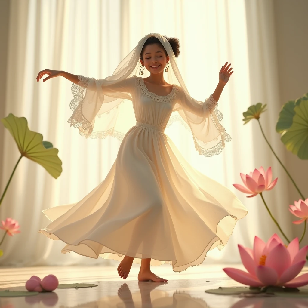 realistically, against a light white background of a transparent pleated voile curtain, like air, Sweet girl, happily dancing, in a white veil transparent , white with lace, dress, in an African-inspired style, I can't think, she's officially beautiful, stylish art, joyful chaos, attractive lotus flower details, pastel lotus tones on the background, James Christensen, Valeria Docampo, Sara Kay, Nicky Beme, Maurice Sendak, Gila Elvgren style, high quality, bright colors, pensive, romantic, hyper-detailed, hyperrealistic, Unreal engine, masterpiece, Atmospheric, a high resolution, brightness, Contrast, 32K, высокий HDR, 500 pixelsyellow rose lies on the street, all in drops of water, 8k, hdr