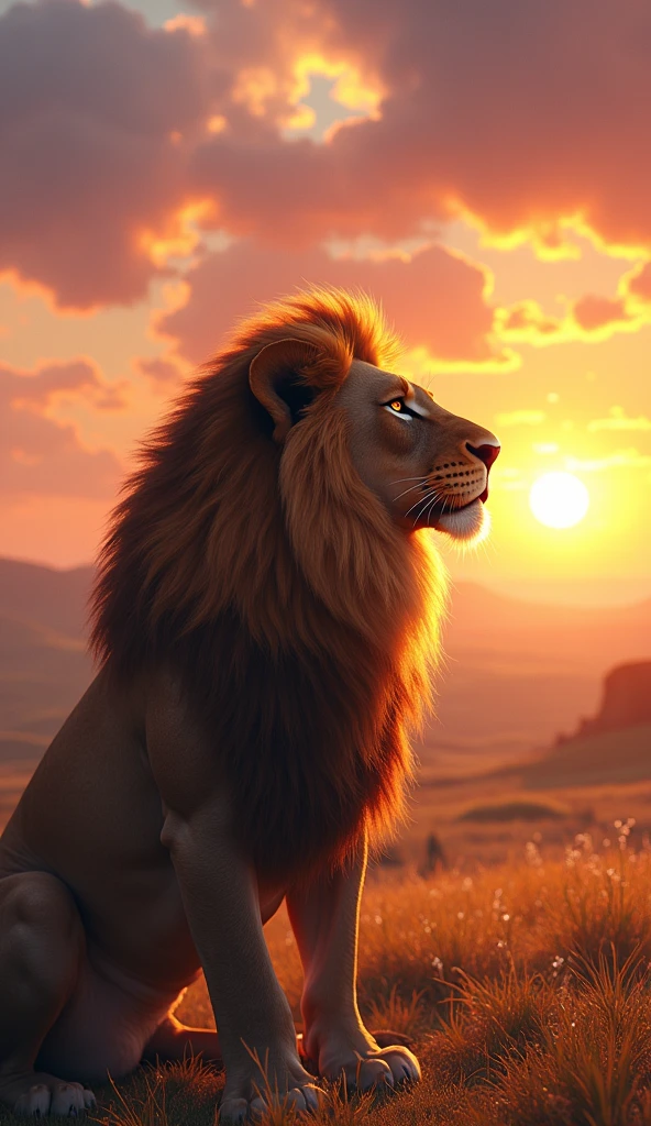 ((best quality)), ((masterpiece)), (detailed), 1 strong beautiful lion looking at the sky at sunrise