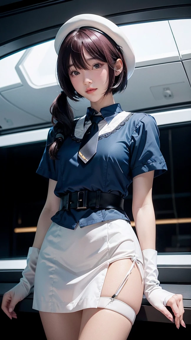 2 days, Masterpiece, best quality, anime, Highly detailed face, Highly detailed eyes, highly detailed background, perfect lighting, cowboy shoot, 1 girl, alone, Aki Rosenthal, Collar dress, short dress, short sleeve, blue jacket, black thighs, single hair, long hair, Low Twintails, bob cut, necktie, hat, white gloves, elbow gloves, wide hips, smile, stand, inside a spaceship