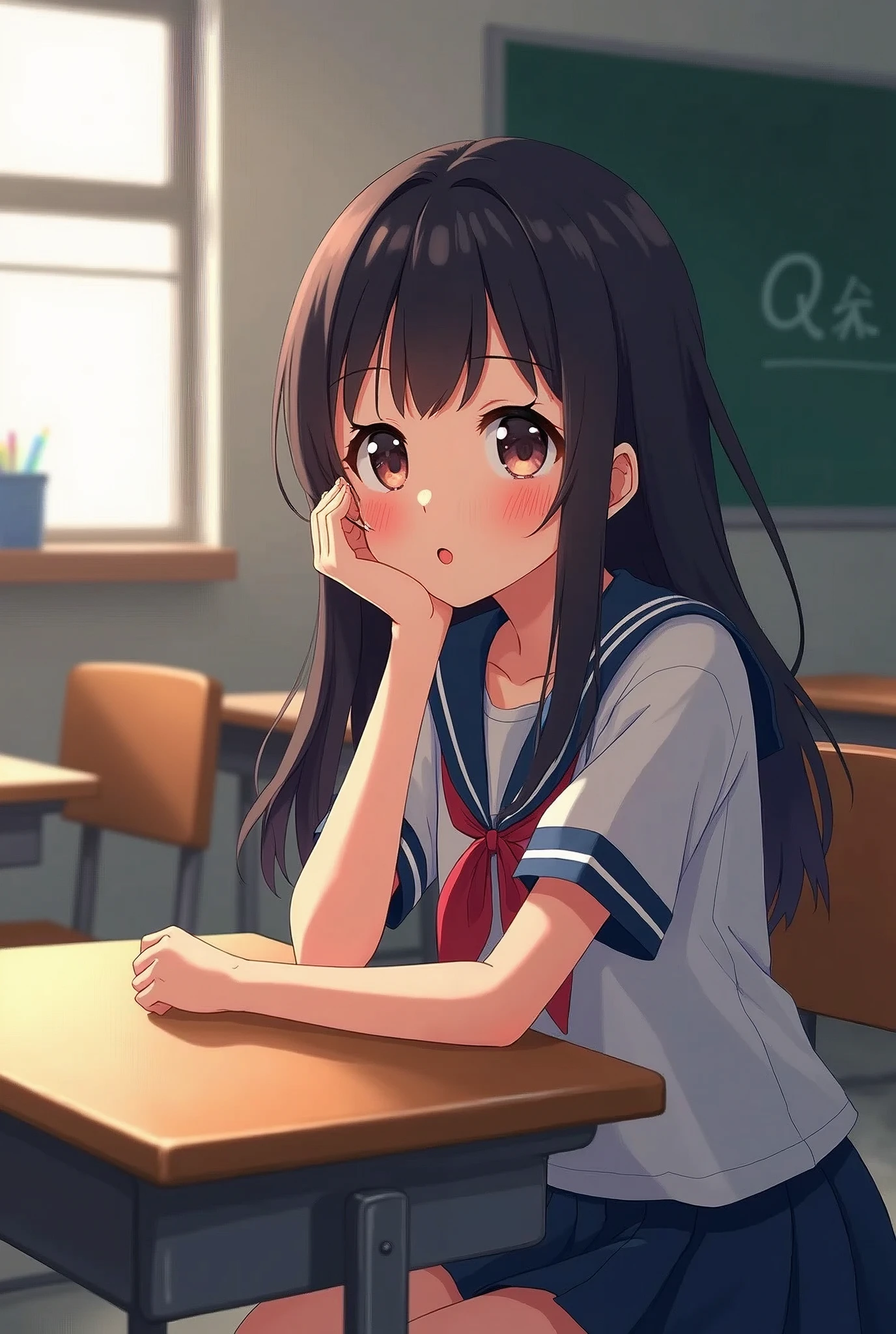 An anime-style female student sitting next to me at the same desk, looking at me with her hand resting on her cheek
