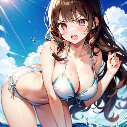 White Bikini、Handsome、25 year old sister、Wavy Hair、blush、Stripes々pattern、Angry face、Open your mouth、White Bikini、Brown Hair