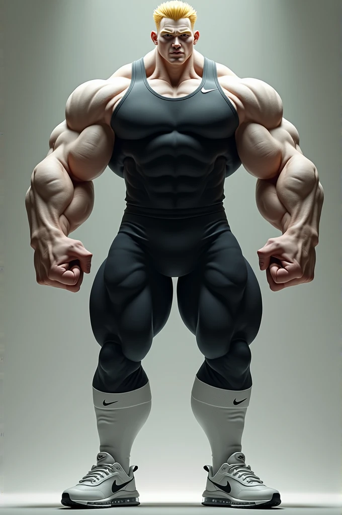 A age god with blond hair and white skin, This god has enormous muscles, muscles so big that they make his head look small compared to his body. His shoulder muscles are so big and inflated that they seem to surround his head and make it look small.. Her legs are more muscular and huge, They are twice as long as those of a normal body, and these are three times as large and muscular., Her thighs appear especially more developed and inflated with muscle.. This God is a sports god wearing a super tight black Nike Lycra suit, a pair of white Nike football media extra long that she wears stretched out above her knees and white Nike Air Max 97.